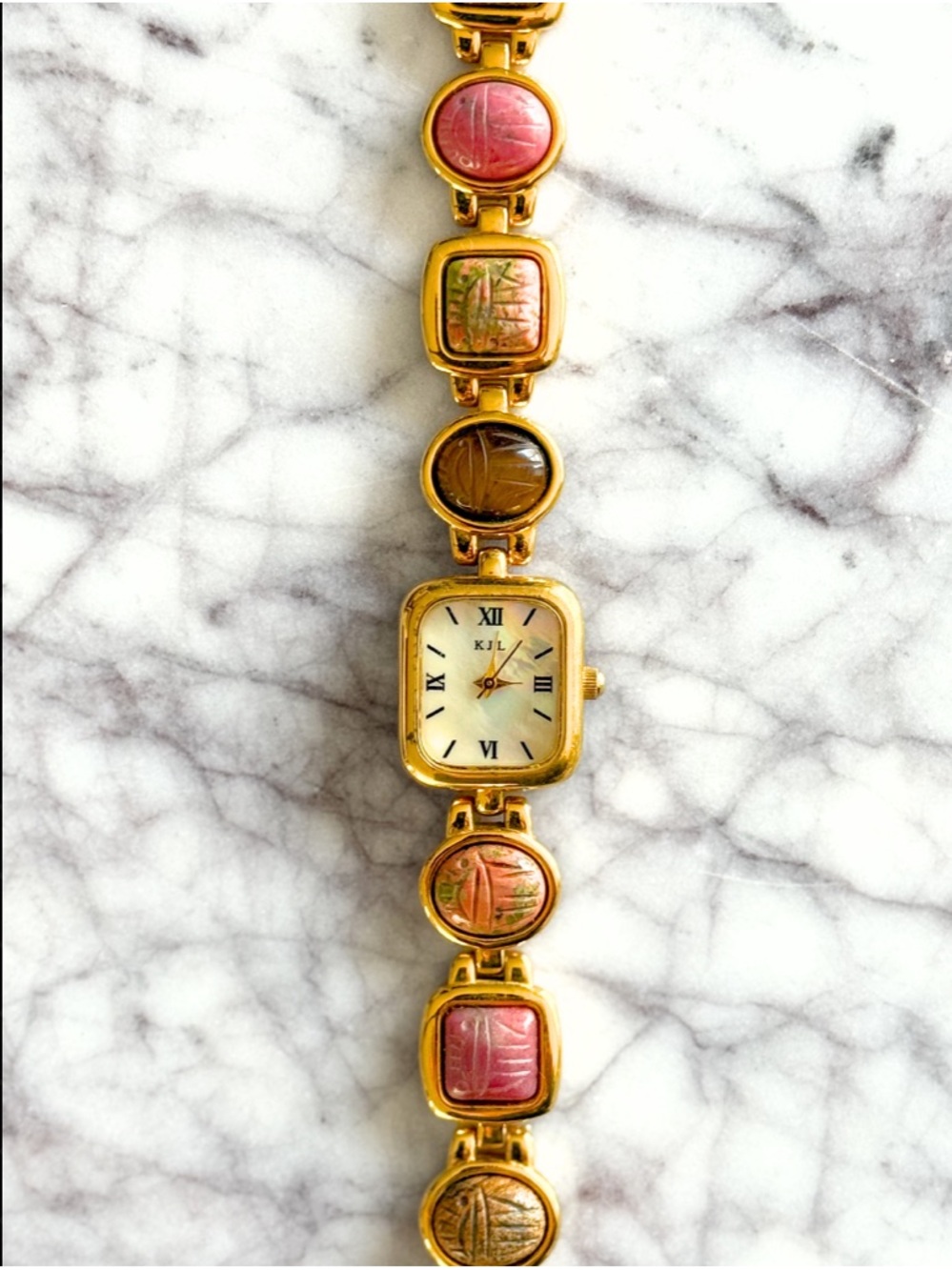Kenneth Jay Lane Gold-Tone Bracelet Watch with Pink and Brown Accents
